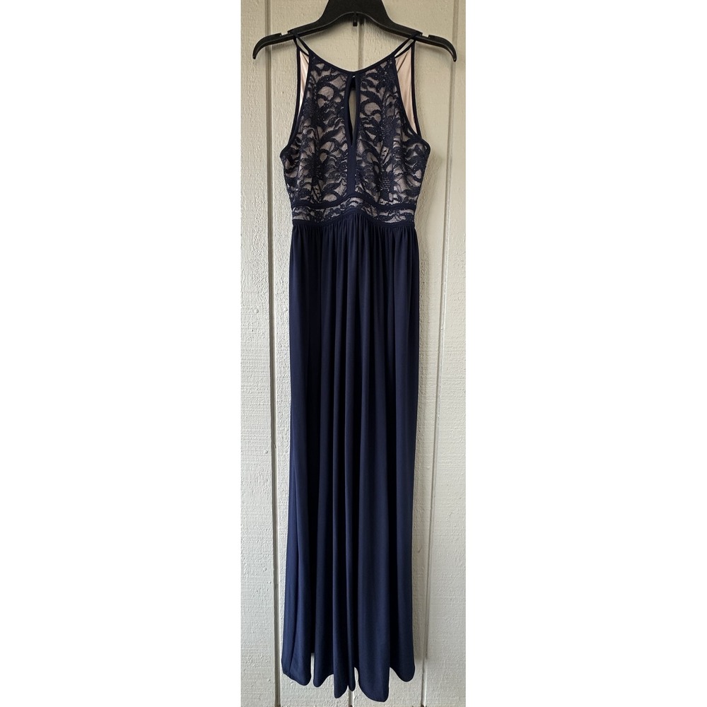 Nightway Dress Womens 4 Navy Blue Lace Halter Maxi‎ Keyhole Back Formal Wedding